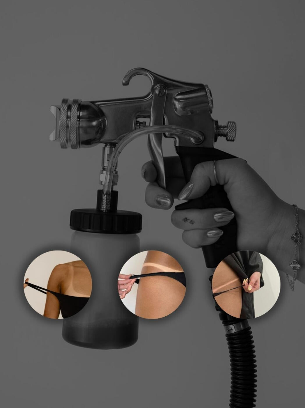 Professional spray tan artist holding a spray gun with close up views of the application process